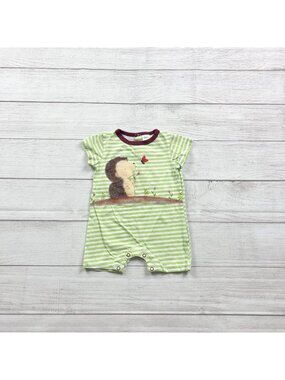 Peppy Mini Baby Romper Green Striped Short Sleeve Hedgehog Print 3-6 Months